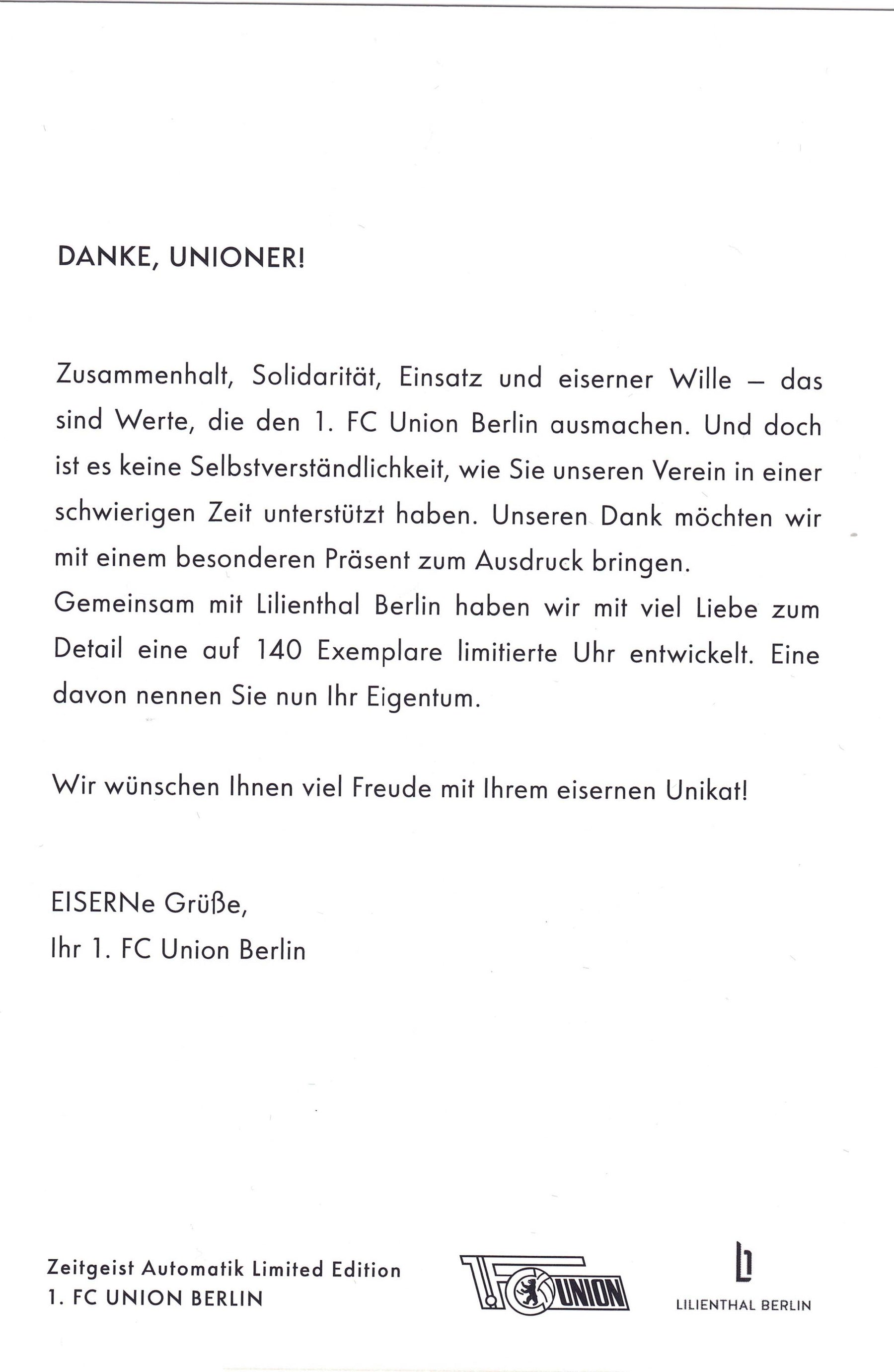 Zeitgeist Automatik Limited Edition 1.FC UNION BERLIN