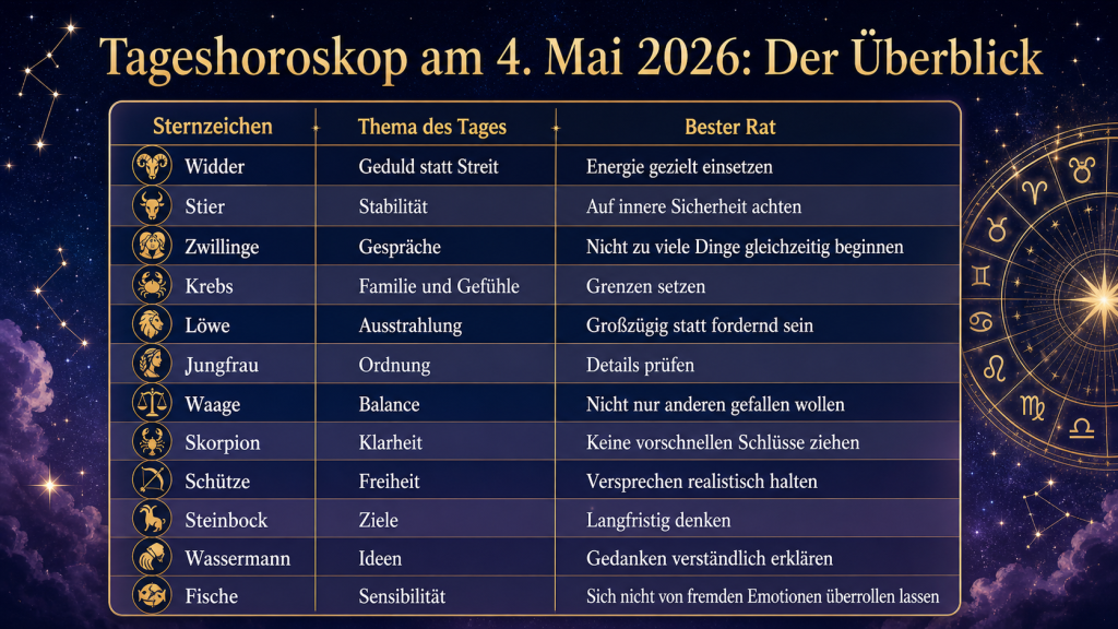 Tageshoroskop 4. Mai 2026: Was heute auf alle Sternzeichen in Liebe, Beruf und Geld zukommt