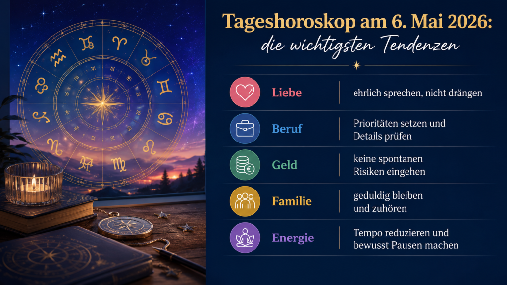 Tageshoroskop 6. Mai 2026: Was alle Sternzeichen heute in Liebe, Beruf und Geld erwartet
