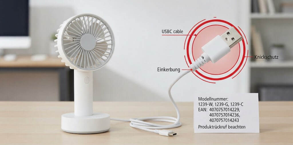 Aldi ruft Ambiano-Mini-Ventilator zurück: So erkennt ihr das betroffene USB-C-Kabel Aldi ruft Ambiano-Mini-Ventilator zurück: So erkennt ihr das betroffene USB-C-Kabel